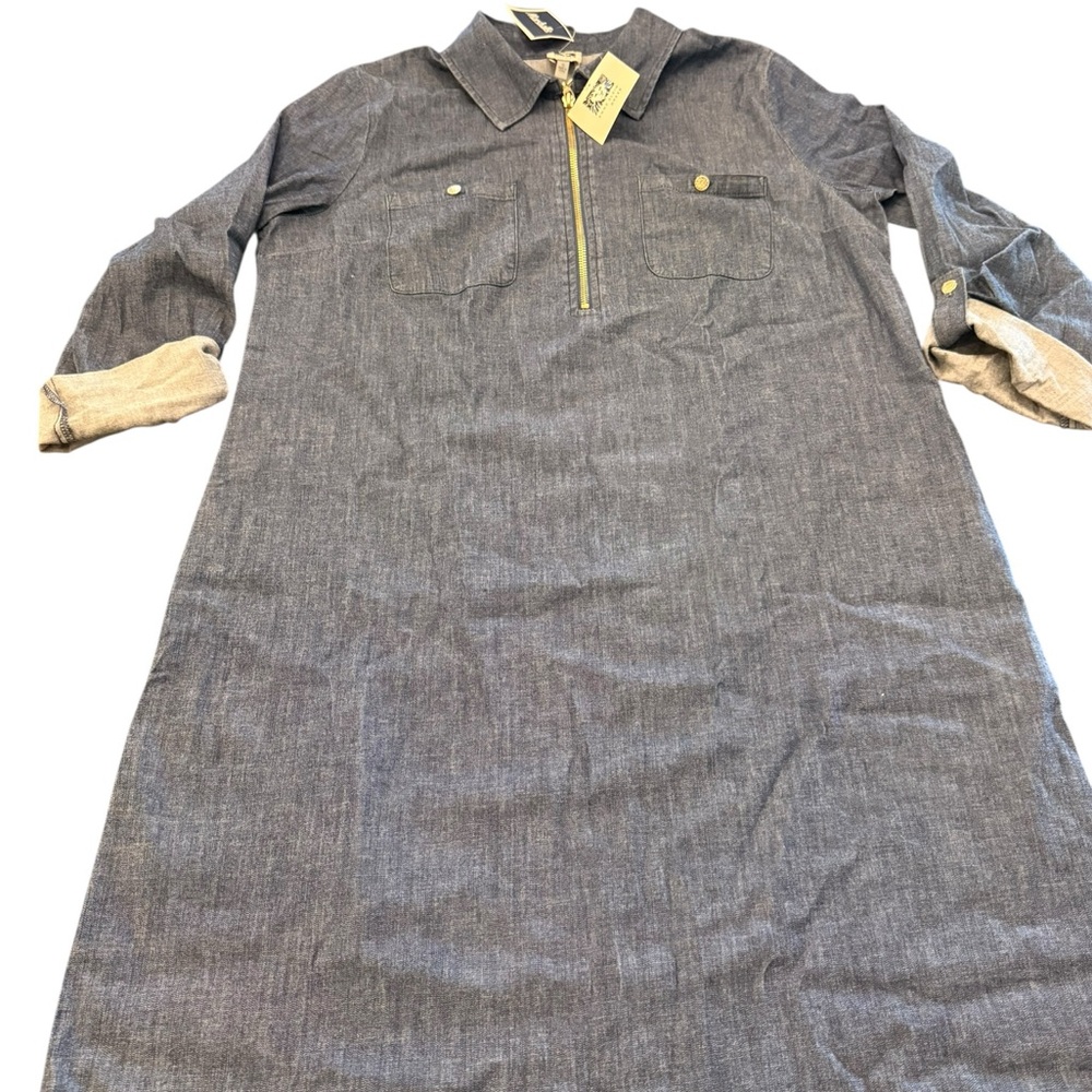 NEW Anne Klein Dark Denim Dress 3/4 Roll Tab Sleeves Zip Size 10 Shirt Midi $99